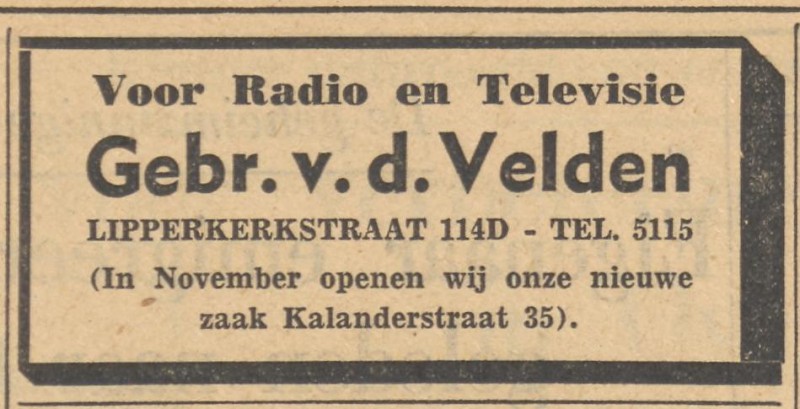 Lipperkerkstraat 114d Gebr. v.d. Velden Radio en Televisie advertentie Tubantia 7-10-1954.jpg