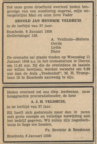 Getfertsingel 126 A,J.H. Veldhuis overlijdensadvertentie Tubantia 7-1-1956.jpg
