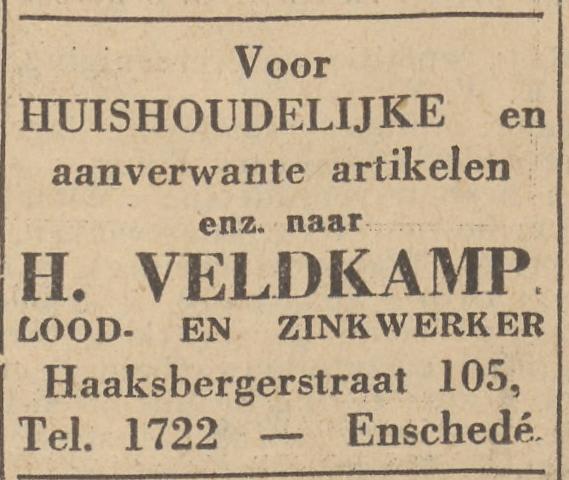 Haaksbergerstraat 105 H. Veldkamp Lood- en Zinkwerker advertentie De Volkskrant 28-4-1934.jpg