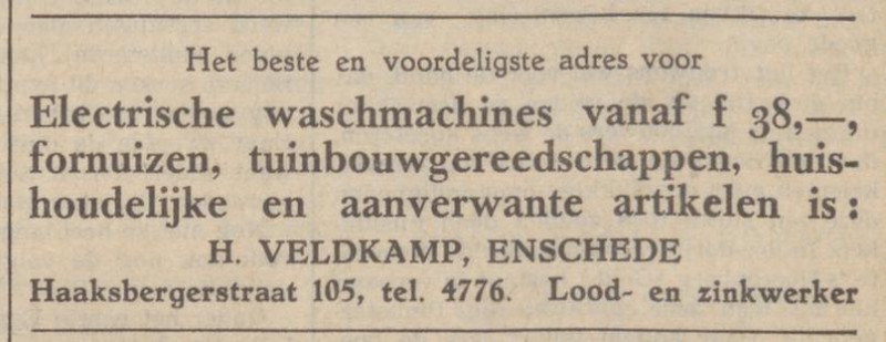 Haaksbergerstraat 105 H. Veldkamp Lood- en Zinkwerker advertentie De Volkskrant 12-5-1937.jpg