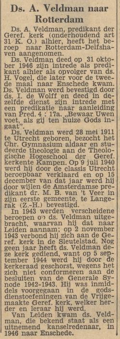 Ds. A. Veldman Predikant Gereformeerde Kerk krantenbericht Tubantia 1-1-1957.jpg