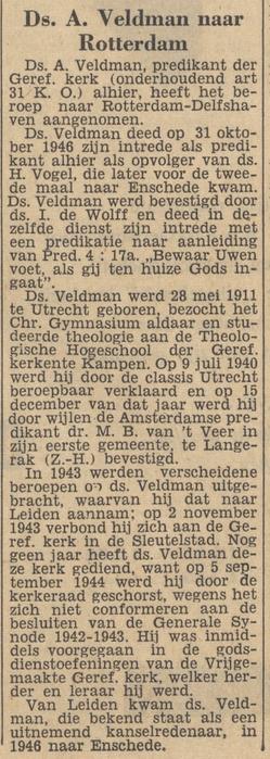 Ds. A. Veldman Predikant Gereformeerde Kerk krantenbericht Tubantia 1-1-1957.jpg