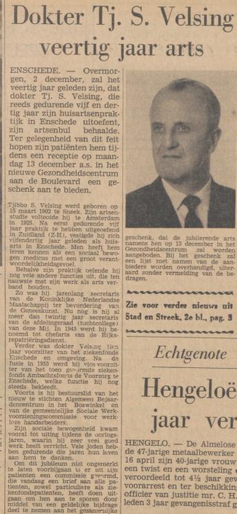 Tj,S. Velsing veertig jaar arts. krantenbericht  Tubantia 30-11-1965.jpg