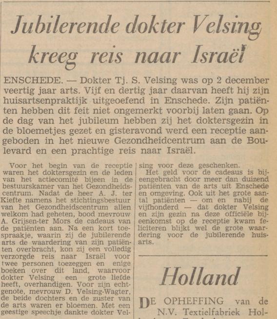 Tj.S. Velsing huisarts krantenbericht Tubantia 14-12-1965.jpg