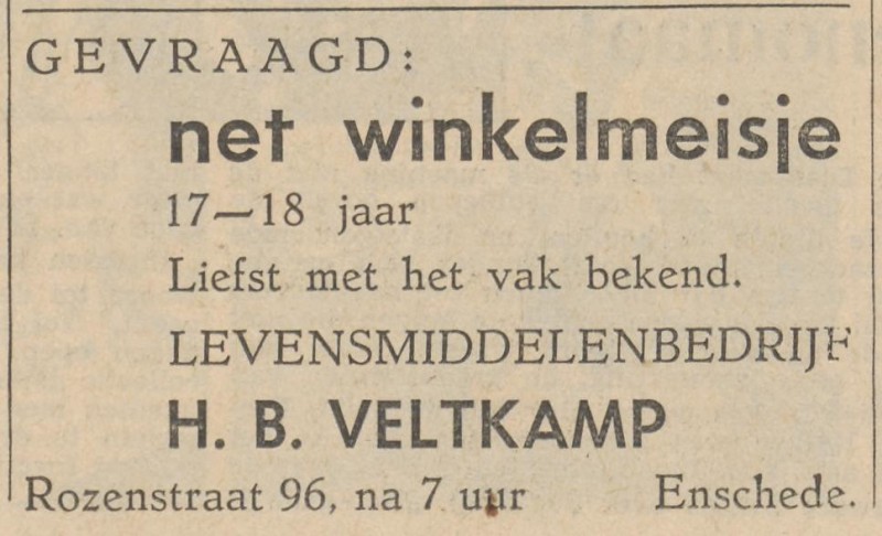 Rozenstraat 96 Levensmiddelenbedrijf H.B. Veltkamp advertentie Tubantia 19-1-1962.jpg