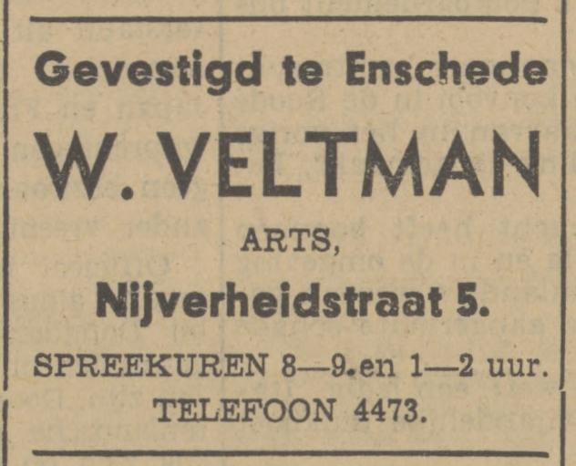Nijverheidstraat 5 W. Veltman Arts advertentie Tubantia 23-9-1940.jpg