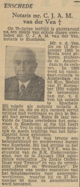 Notaris mr. C.J.A.M. van der Ven overleden krantenbericht Tubantia 28-12-1950.jpg