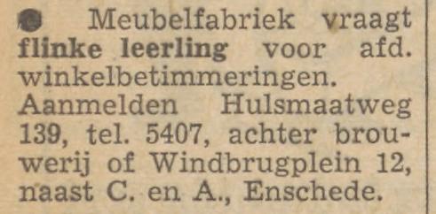 Hulsmaatweg 139 Meubelfabriek advertentie Tubantia 10-3-1957.jpg