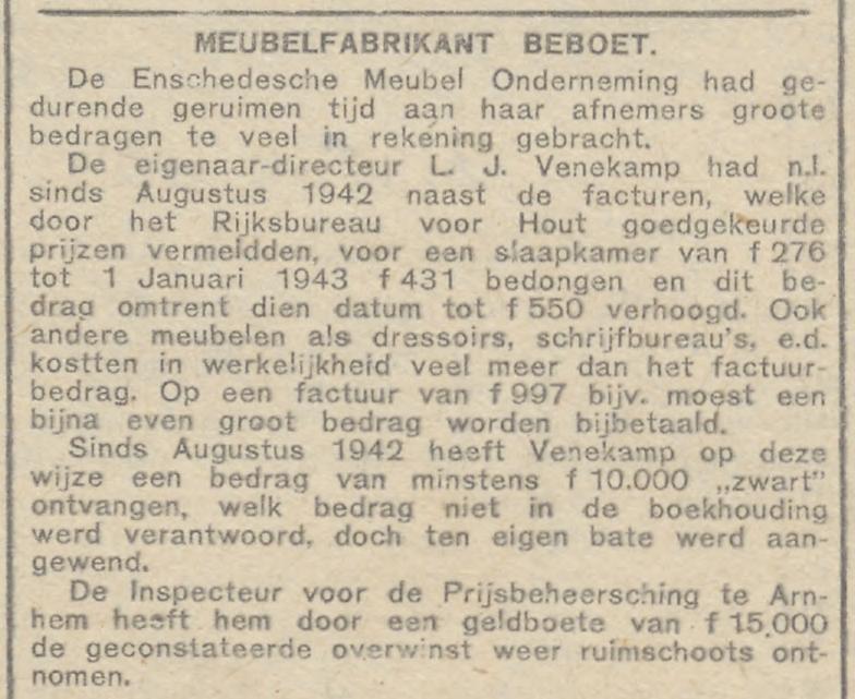 L.J. Venekamp meubelfabrikant Enschedese Meubel Onderneming krantenbericht Dagblad van het Oosten 28-1-1944.jpg