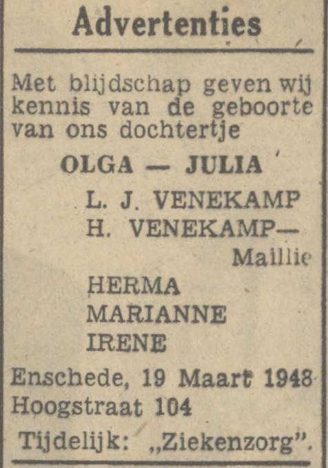Hoogstraat 104 L.J. Venekamp advertentie Tubantia 20-3-1948.jpg