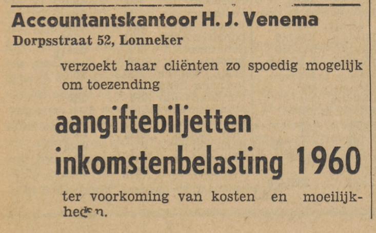 Dorpsstraat 52 Lonneker Accountantskantoor H.J. Venema advertentie Tubantia 27-2-1961.jpg