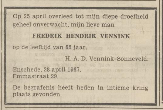 Emmastraat 29 F. Vennink overlijdensadvertentie Tubantia 28-4-1967.jpg