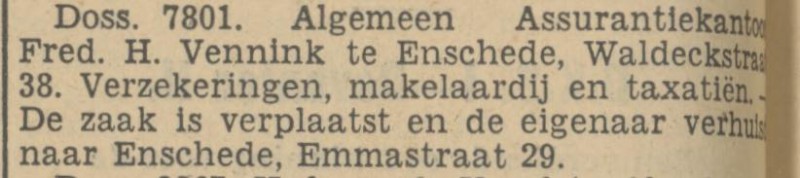 Emmastraat 29 F.H. Vennink verzekeringen makelaardij krantenbericht Tubantia 4-11-1935.jpg