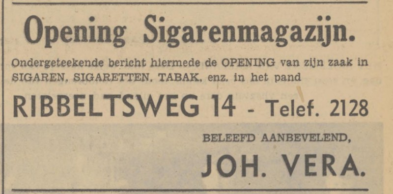 Ribbeltsweg 14 sigarenmagazijn Joh. Vera advertentie Tubantia 10-2-1940.jpg