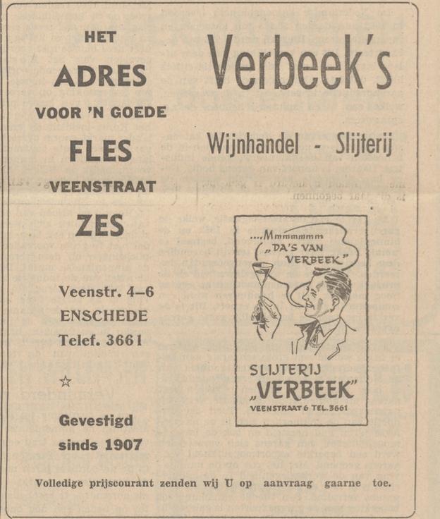Veenstraat 4-6 Verbeek's Wijnhandel en Slijterij advertentie Tubantia 3-6-1953.jpg