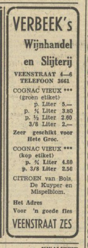 Veenstraat 4-6 Verbeek's Wijnhandel en Slijterij advertentie Tubantia 28-4-1950.jpg