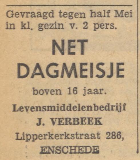 Lipperkerkstraat 286 Levensmiddelenbedrijf J. Verbeek advertentie Tubantia 24-4-1957.jpg