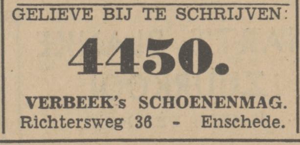 Richtersweg 36 Verbeek's Schoenenmagazijn advertentie Tubantia 7-11-1942.jpg