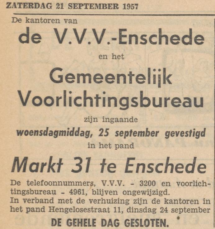 Markt 31 kantoor VVV Enschede en Gemeentelijk Voorlichtingsbureau. advertentie Tubantia 21-9-1957.jpg