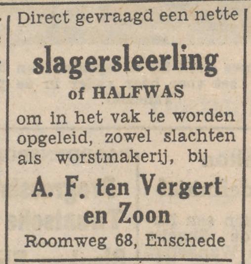 Roomweg 68 slagerij A.F. ten Vergert en Zoon advertentie Tubantia 14-1-1952.jpg