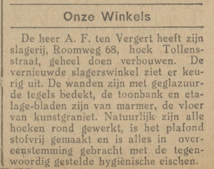 Roomweg 68 hoek Tollensstraat slagerij A.F. ten Vergert krantenbericht Tubantia 2-11-1926.jpg