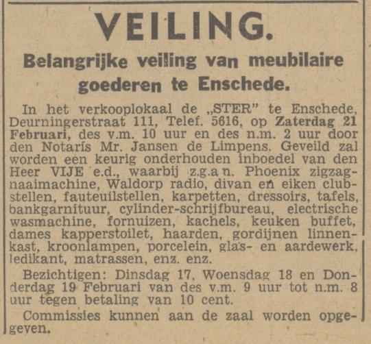 Deurningerstraat 111 Verkooplokaal De Ster advertentie Tubantia 16-2-1948.jpg