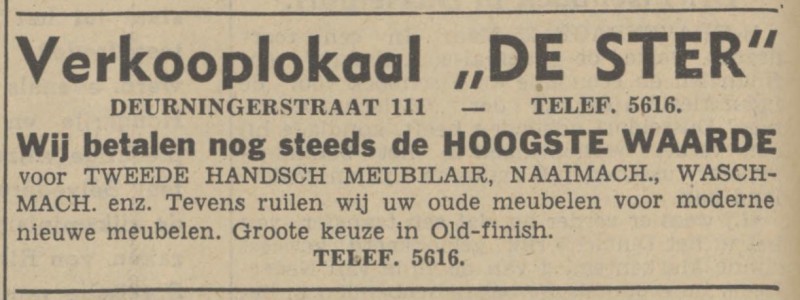 Deurningerstraat 111 Verkooplokaal De Ster advertentie Tubantia 26-3-1941.jpg