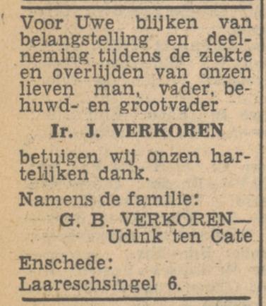 Laaressingel 6 Mevr. G.B. Verkoren-Udink ten Cate advertentie Tubantia 26-4-1947.jpg