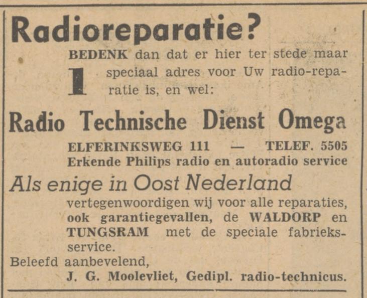 Elferinksweg 111 J.G. Moolevliet Radio Technische Dienst Omega advertentie Tubantia 9-2-1949.jpg