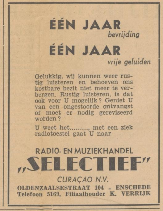Oldenzaalsestraat 104 K. Verrijk Radio- en Muziekhandel Selectief advertentie Het Vrije Volk 30-3-1946.jpg