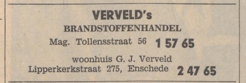 Tolensstraat 65 magazijn Verveld´s Brandstoffenhandel advertentie Tubantia 2-4-1965.jpg