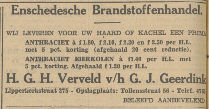 Tollensstraat 56 Enschedesche Brandstoffenhandel H.G.H. Verveld advertentie Tubantia 13-2-1934.jpg