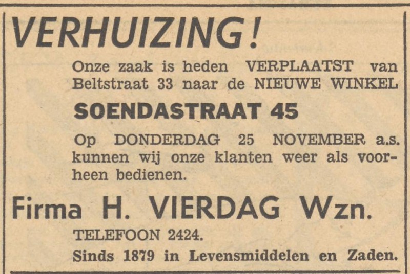 Beltstraat 33 Firma H. Vierdag Wzn. advertentie Tubantia 23-11-1954.jpg