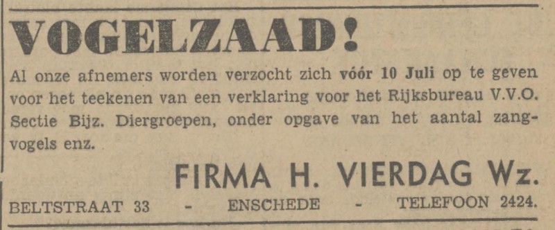 Beltstraat 33 Firma H. Vierdag Wz. advertentie Tubantia 3-7-1942.jpg