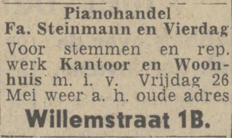 Willemstraat 1B Kantoor en woonhuis Pianohandel Fa. Steinmann en Vierdag advertentie Twentsch nieuwsblad 27-5-1944.jpg