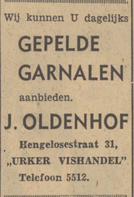 Hengelosestraat 31 Urker vishandel J. Oldenhof advertentie Tubantia 13-9-1949.jpg