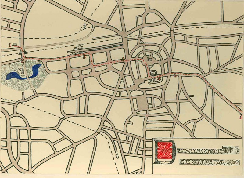 Plattegrond tramroute. Situatieschets met de route van de T.E.T.-tram door de stad. 1933.jpg