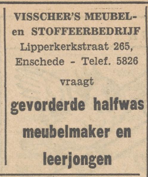 Lipperkerkstraat 265 Visscher's Meubel- en Stoffeerderij advertentie Tubantia 26-3-1953.jpg