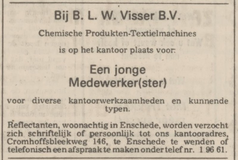Cromhoffsbleekwg 146 B.L.W. Visser B.V. advertentie Tubantia 22-4-1974.jpg
