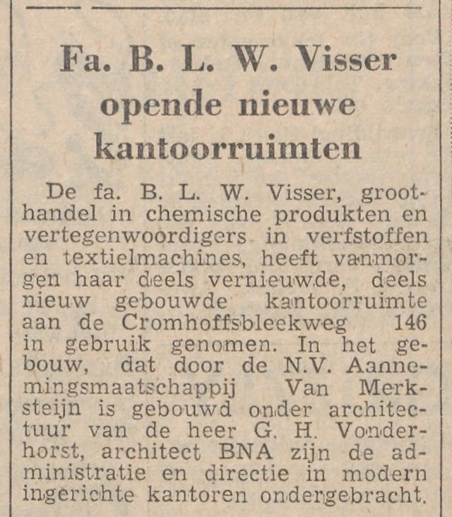 Cromhoffsbleekweg 146 Fa. B.L.W. Visser krantenbericht Tubantia 20-10-1961.jpg
