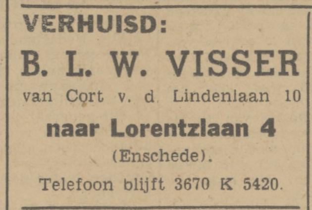 Lorentzlaan 4 B.L.W. Visser advertentie Tubantia 1-6-1942.jpg