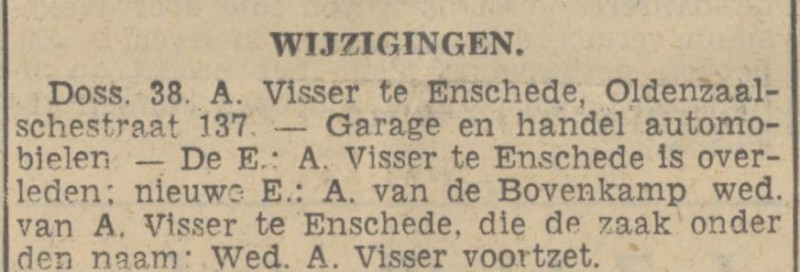 Oldenzaalsestraat 137 Garage Wed. A. Visser-van de Bovenkamp krantenbericht Tubantia 27-3-1939.jpg