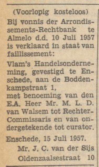 Boddenkampstraat 1 Vlam's Handelsonderneming krantenbericht Tubantia 16-7-1957.jpg