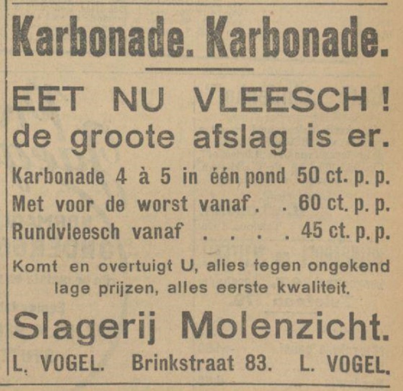 Brinkstraat 83 Slagerij Molenzicht L. Vogel advertentie Tubantia 17-11-1927.jpg
