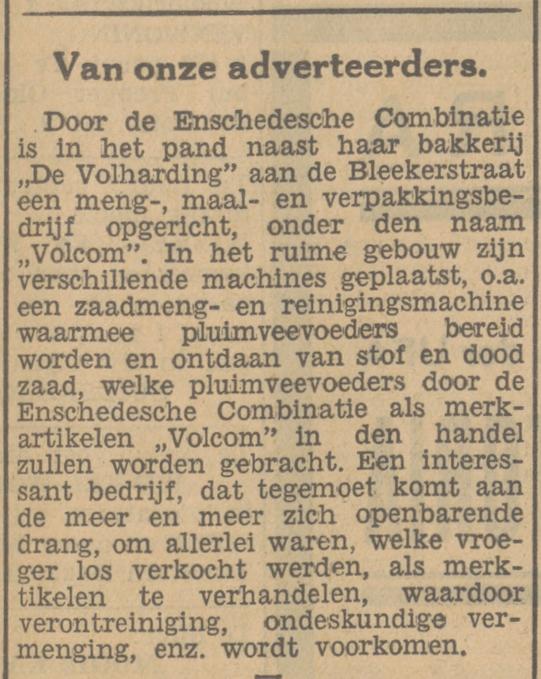 Blekerstraat verpakkingsbedrijf Volcom krantenbericht Tubantie 5-12-1934.jpg