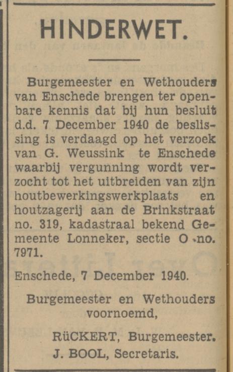 Brinkstraat 319 houtzagerij G. Weussink krantenbericht Tubantia 7-12-1940.jpg