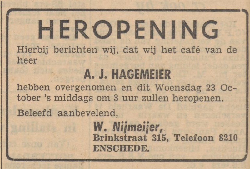 Brinkstraat 315 cafe A.J. Hagemeier advertentie Tubantia 21-10-1957.jpg