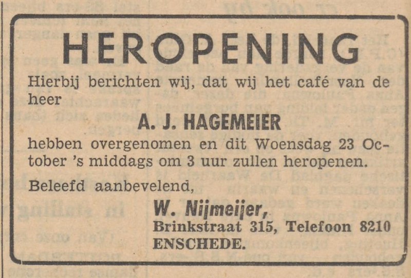 Brinkstraat 315 cafe A.J. Hagemeier advertentie Tubantia 21-10-1957.jpg