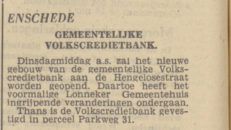 Hengelosestraat 52 Gemeentelijke Volkscredietbanl krantenbericht Tubantia 9-7-1949.jpg