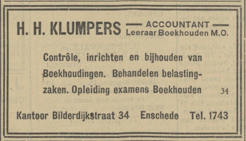 Bilderdijkstraat 34 H.H. Klumpers Accountant Leeeraar Boekhouden MO advertentie Tubantia 10-7-1929.jpg